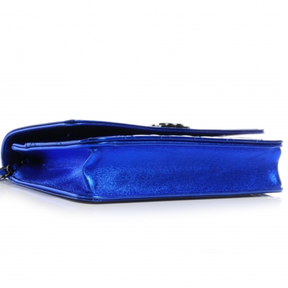 CHANEL Metallic Patent Quilted Boy Wallet On Chain WOC Blue - Picture 4 of 7